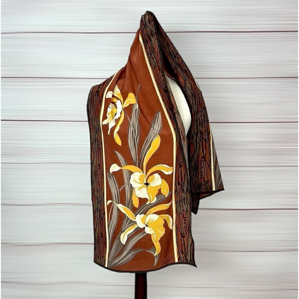 Basile Oblong Silk Scarf Brown Yellow Orchid Hand Rolled
